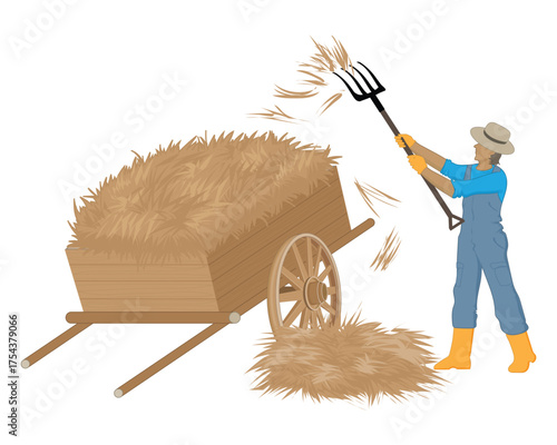 vector illustration design of a man working moving dry grass to a cart which is usually found on a farm or garden for animal feed using a wooden handle fork