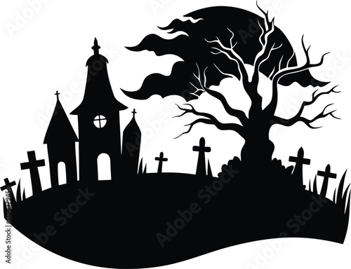 Spooky Fog Creeping Over Graveyard Silhouette | Thick Mist Rolling Across Haunted Cemetery Scene