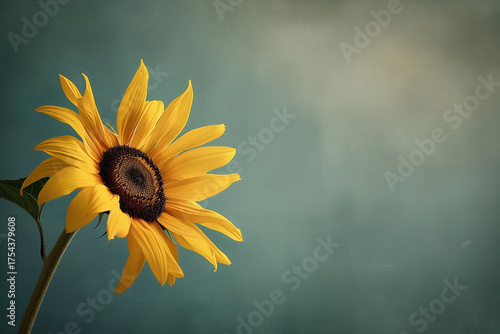 Artistic Single Sunflower with Muted Yellow Petals on Teal-Gray Background