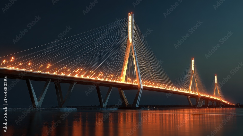 Obraz premium Stunning Night Illumination of a Modern Geometric Cable-Stayed Bridge