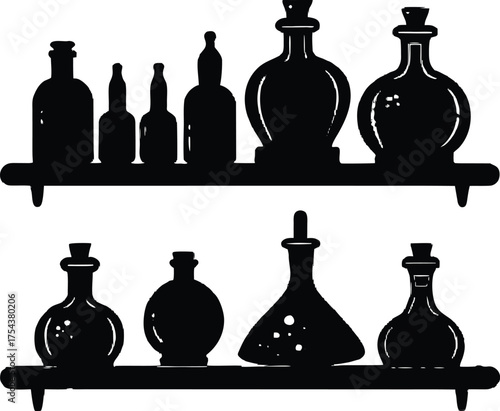 Witch Potion Shelf With Bottles Silhouette | Spooky Shelf Full Of Magic Potions Halloween Decor