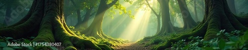 Sunlight Dapples Ancient Forest Floor Magical Autumn Atmosphere, Mossy Canopy, Fantasy Nature Scene