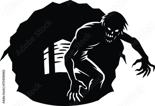 Zombie Crawling Out Of Haunted Well Silhouette | Creepy Zombie Emerging From Deep Old Well