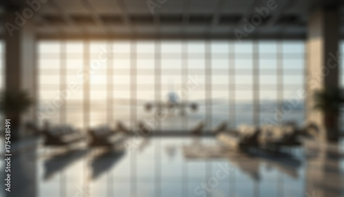 Soft-focused airport lounge. Showing aircraft silhouette. Travel-related virtual backdrop