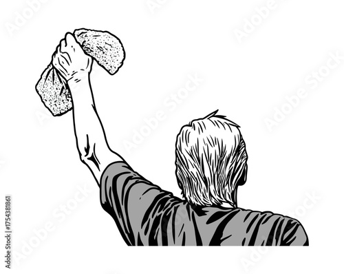 Person raising arm holding cleaning cloth vector illustration