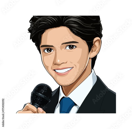 Cartoon portrait of a smiling person holding a microphone