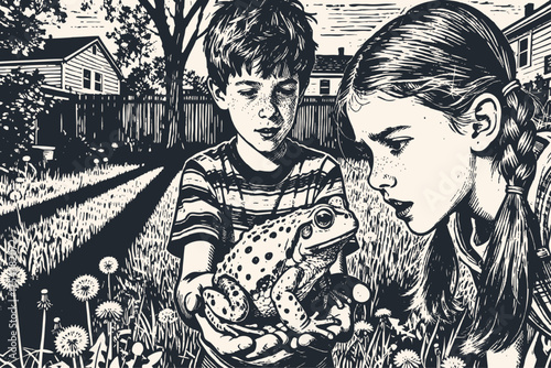 Two children, a boy and a girl, curiously observe a large toad in a backyard. A nostalgic, black and white vector illustration in a classic woodcut style.