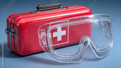 A red first aid kit with a white cross and a pair of transparent safety goggles positioned beside it against a blue background.