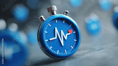 A blue stopwatch features a heartbeat line and heart symbol, emphasizing health and time management in a vibrant, dynamic setting.