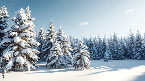 Snow-Covered Trees in Winter: A serene landscape of evergreen trees blanketed in pristine snow under a clear, bright sky, evoking a sense of tranquility and the crisp beauty of winter.