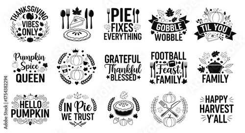 Collection of thanksgiving and fallthemed quotes and sayings with decorative elements, isolated on transparent background