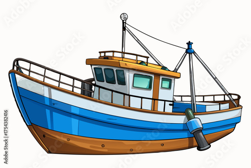 Wooden Fishing Boat Isolated on Transparent Background – Ocean Trawler Marine Vessel.
