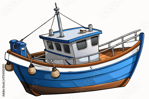 Wooden Fishing Boat Isolated on Transparent Background – Ocean Trawler Marine Vessel.