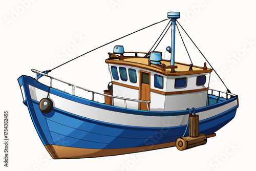 Wooden Fishing Boat Isolated on Transparent Background – Ocean Trawler Marine Vessel.