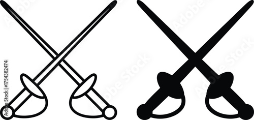 Two crossed fencing swords in a stark black and white silhouette.
