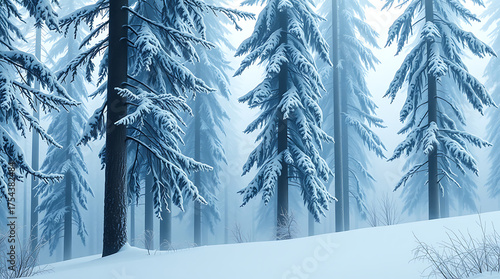 Winter Wonderland: A serene winter landscape, with snow-laden pine trees blanketed in a layer of fresh snow, creating a peaceful and picturesque scene. 