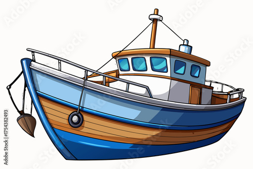 Wooden Fishing Boat Isolated on Transparent Background – Ocean Trawler Marine Vessel.