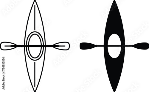 Simple top down view of two kayaks and paddles a minimalist silhouette.