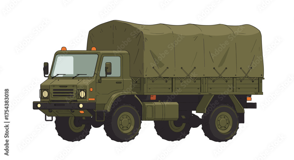 Obraz premium Military transport truck with canvas covering, illustration of an all-terrain vehicle for cargo and personnel transport