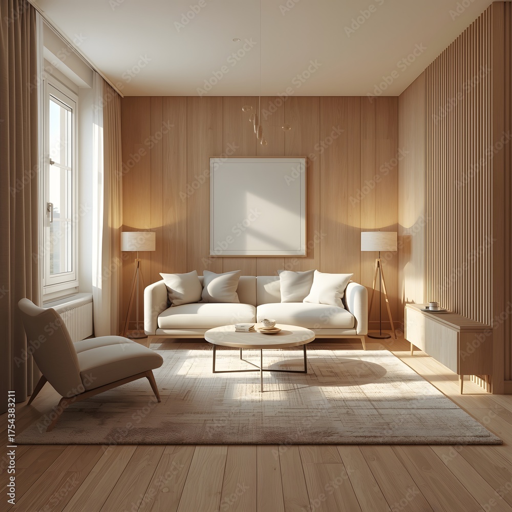 Fototapeta premium Scandinavian-Inspired Compact Living Room with Natural Textures and Light Wood