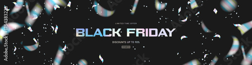 Black Friday sale banner with falling confetti and streamers on dark background, dynamic promotional event design for commercial advertising, vector illustration.