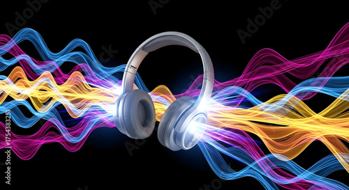 Headphones with Vibrant Sound Waves on Black Background