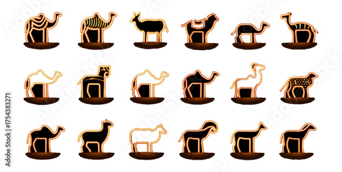 Stylized camels in a row with warm glowing outlines against a black background