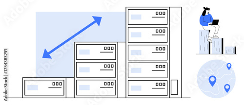 Server stacks growing in size with ascending arrow, woman working on laptop remotely, and globe with location markers. Ideal for technology, growth, networking, remote work, business scalability