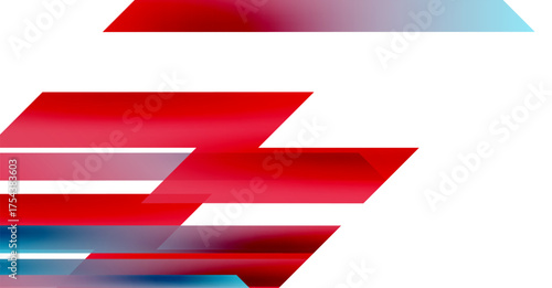 Abstract design features red, white, blue shapes. Dynamic composition suggests speed, movement, modern aesthetic. Clean lines, gradients present.