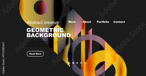 Modern website mockup features vibrant geometric shapes, text elements, navigation menu. Dark background enhances colorful design.
