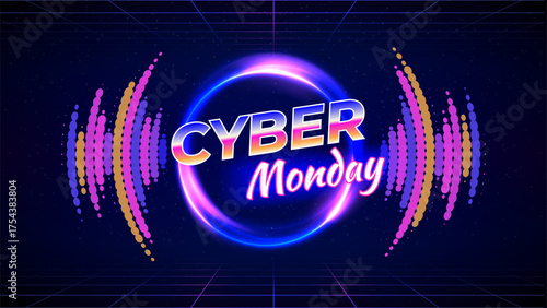 Cyber monday retro futuristic neon offer banner. 80s style, neon color. Sale poster, promotion. Shining circle, laser grid, audio waveform, wireframe floor. Retro synthwave concept. Vector