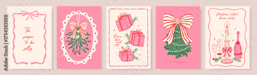 Set of Christmas greeting cards and party invitations in handmade vintage style, featuring mistletoe, gifts, Christmas tree, candles,bows and champagne, in pink, red and green colors, vector