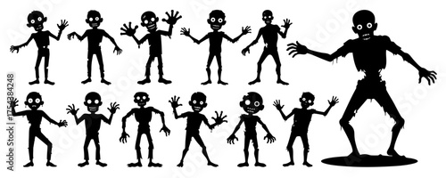 Scary Zombie Silhouette Vector Collection, Black Horror Character with Big Eyes on Transparent Background, Flat Clean Halloween Illustration