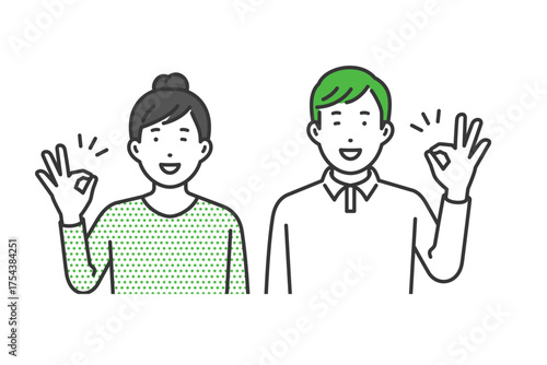 OKサイン,私服男女