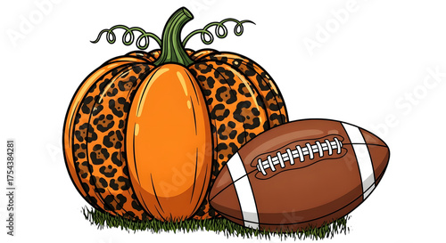 A halloween pumpkin with a leopard print pattern sits next to a brown american football on a patch of grass, isolated on transparent background