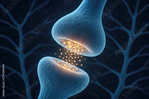 Scientific illustration showing a microscopic view of a neuron synapse firing and releasing neurotransmitters