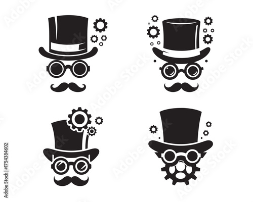 top hat, goggles, floating gears, mechanical gears, fantasy hat, brass gears, Vector illustration