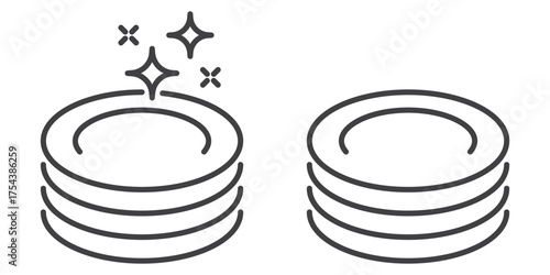 Clean and shiny dishes linear icons. Editable Stroke. Dishwashing symbols set with dishware line icons. Simple outline icons for cleaning service, hygiene and kitchen care on transparent background.