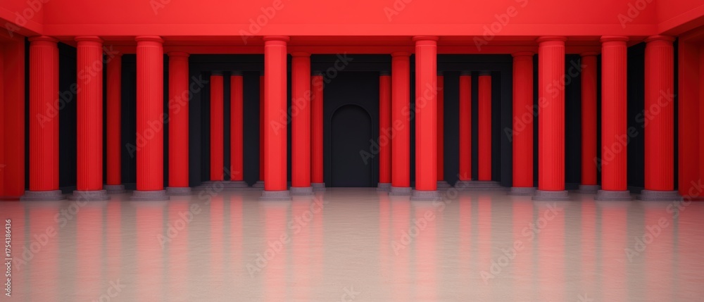 Fototapeta premium A vibrant interior featuring bold red columns and a dark backdrop creates a striking atmosphere, ideal for modern design projects, advertising, or as a dramatic backdrop for presentations,