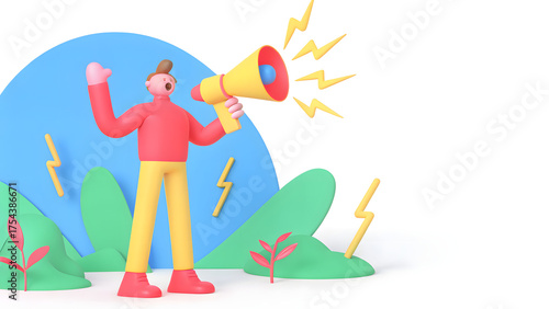 social campaign emotive portrait illustration A cartoon person with a megaphone shouts outdoors, surrounded by plants and lightning shapes.