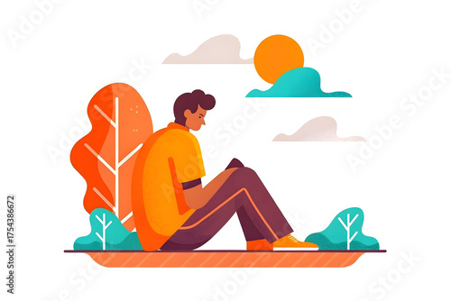 social campaign emotive portrait illustration A person sits outdoors with trees and sun, enjoying a peaceful and relaxed moment in nature.
