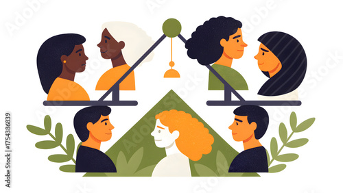 social campaign emotive portrait illustration Diverse groups of people balance on scales, symbolizing equality, unity, and fairness across cultures.