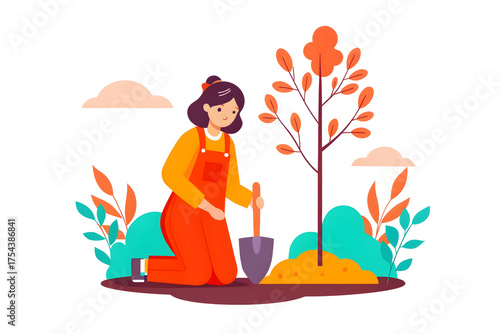 social campaign emotive portrait illustration A woman kneels and plants a tree outdoors, surrounded by colorful foliage and clouds in a flat illustration style.