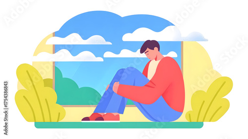 social campaign emotive portrait illustration A person sits alone indoors by a window, appearing thoughtful and introspective on a bright day.