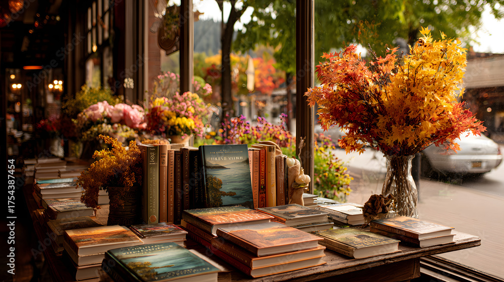 Naklejka premium a brick-and-mortar bookstore with autumn-themed window displays and a stack of fall-themed books visible through the windows