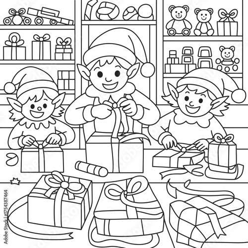 Cute christmas elves happily wrapping presents in a festive workshop scene for the holidays