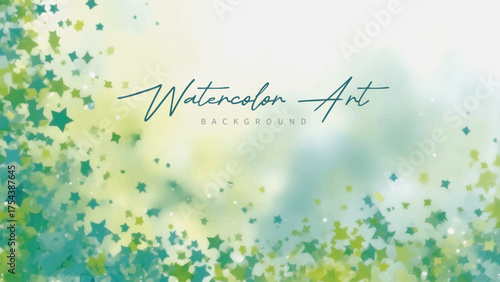 Watercolor Spring Stars and Abstract Background. The background has a soft, flowing watercolor texture in shades of light yellow and green, creating a sense of freshness and new beginnings.