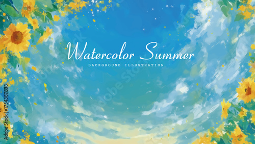 Watercolor Summer Sunflowers in a Blue Sky Background. The design is dominated by a bright blue sky filled with soft, wispy clouds, all painted in a beautiful, flowing style.