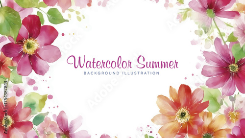 Watercolor Summer Floral Border with Pink and Orange Flowers. The border is adorned with a lush arrangement of blossoms and delicate foliage in various shades of pink, red, and orange.