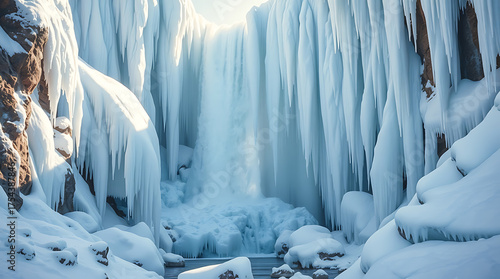 Frozen Waterfall: A dramatic waterfall, captured in the heart of winter, cascades with icy precision, surrounded by a frozen landscape of icicles and snow, presenting a serene spectacle.